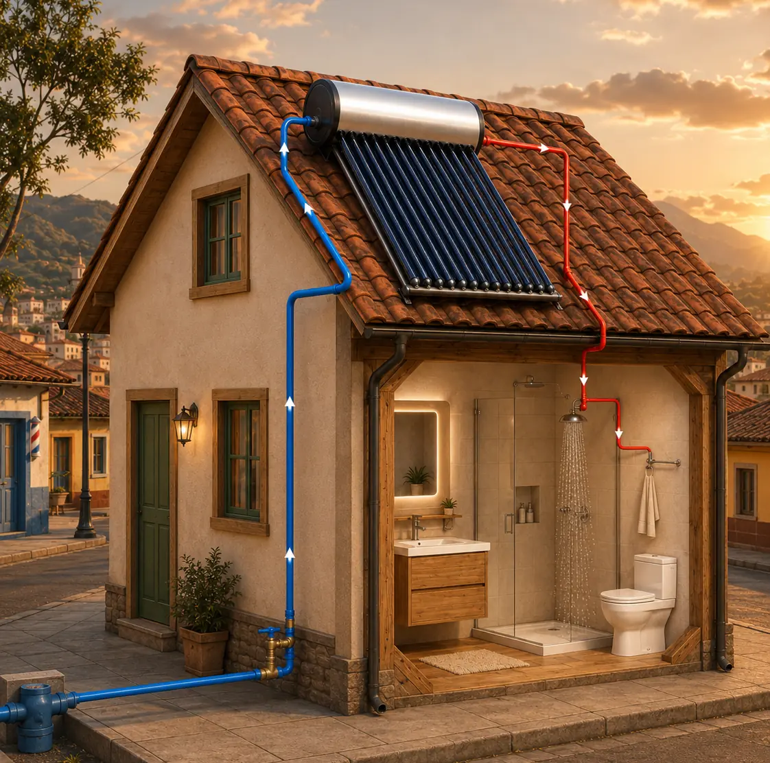 Calentador solar de tubos al vacío instalado en techo residencial